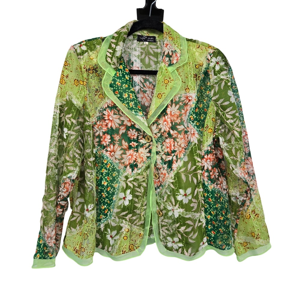 Vintage 90s Y2K Patchwork Floral Jacket Blazer Womens L Green Lace Sequin Sheer